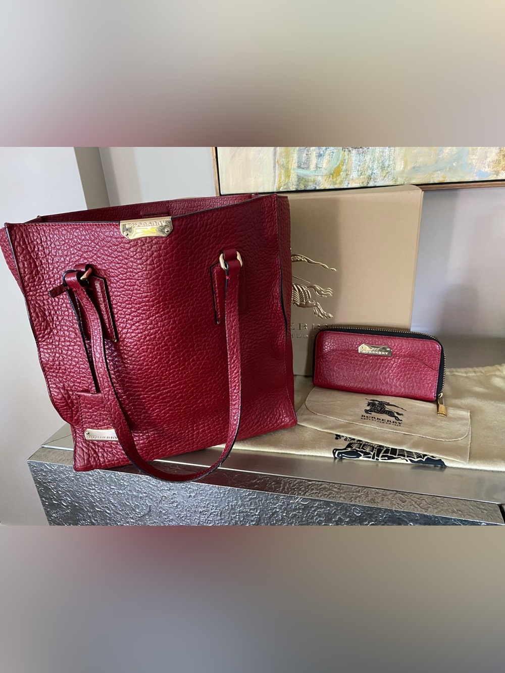 Burberry Burgundy Pebbled Leather Tote with Matching Wallet